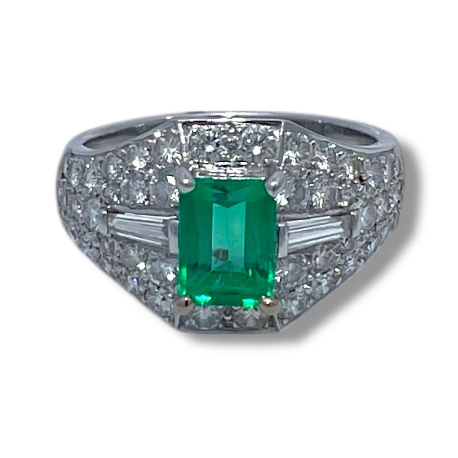 Emerald Cut 18k White Gold Columbian Emerald & Diamond Cluster Ring For Sale