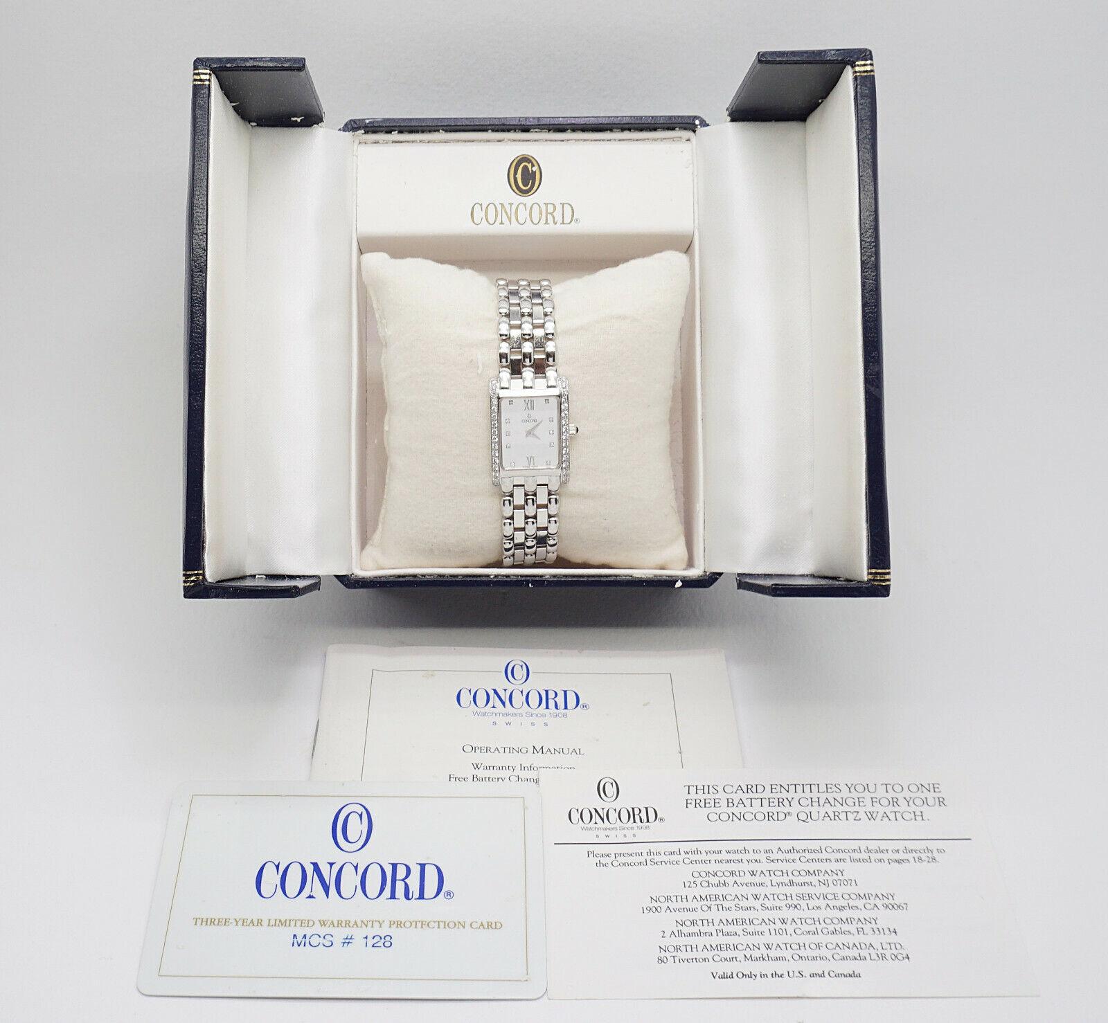 This elegant Concord women's wristwatch is crafted in 18k white gold and features a dazzling diamond bezel that adds a touch of refined luxury. The rectangular white dial is adorned with diamond hour markers and silver-tone Roman numerals at 12 and