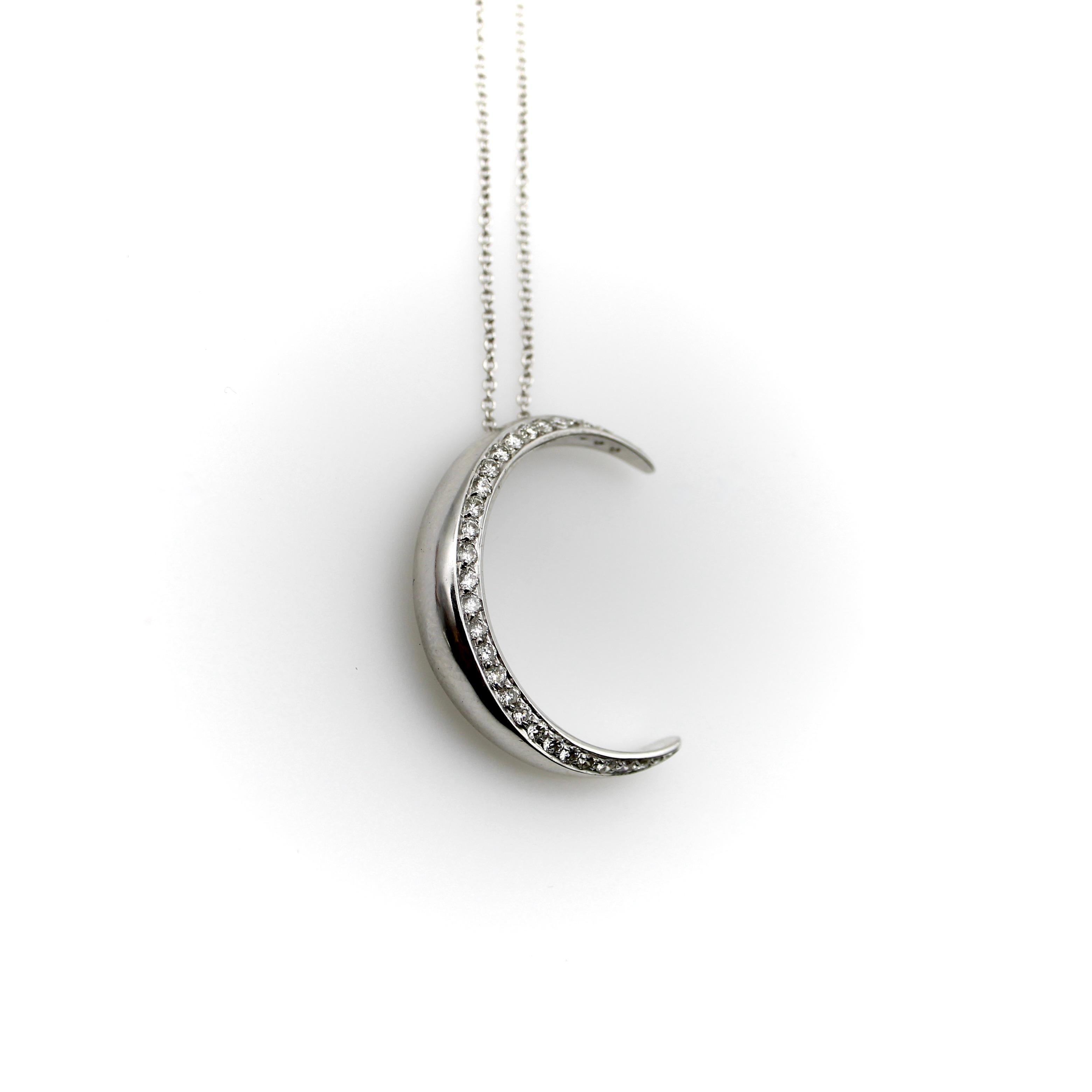 Modern 18k White Gold Crescent Moon Necklace For Sale