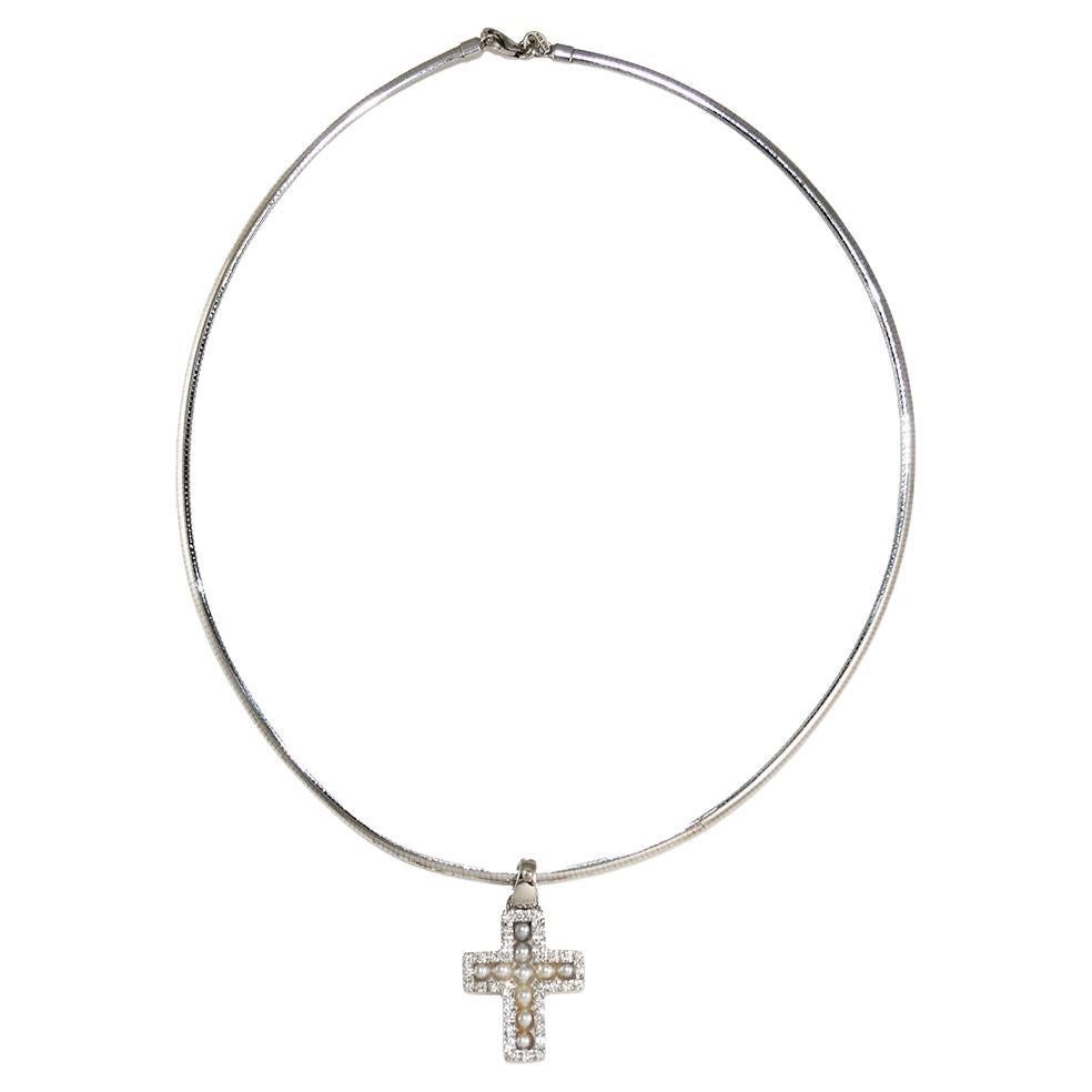 18K White Gold Cross Diamond & Pearl Pendant in 14K White Gold Necklace For Sale