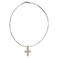Vintage 18K White Gold Cross Diamond & Pearl Pendant in 14K White Gold Necklace