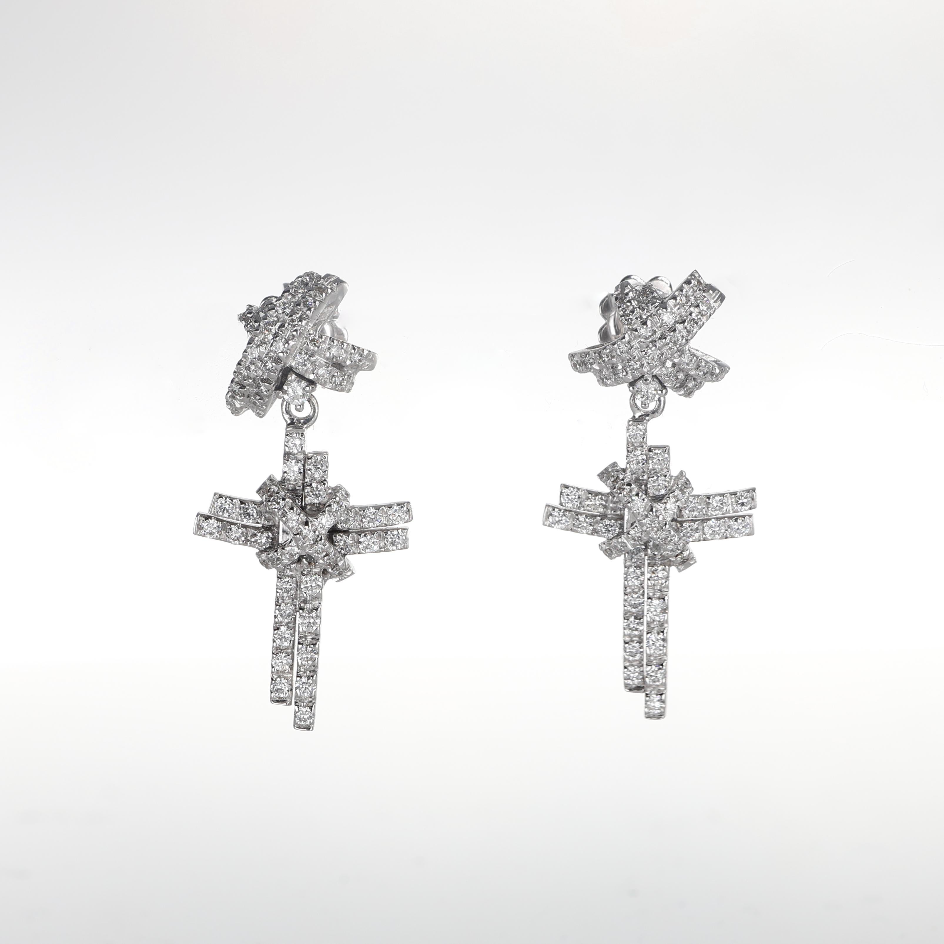 Brilliant Cut 18K White Gold Cross Drop Earrings with Diamonds For Sale