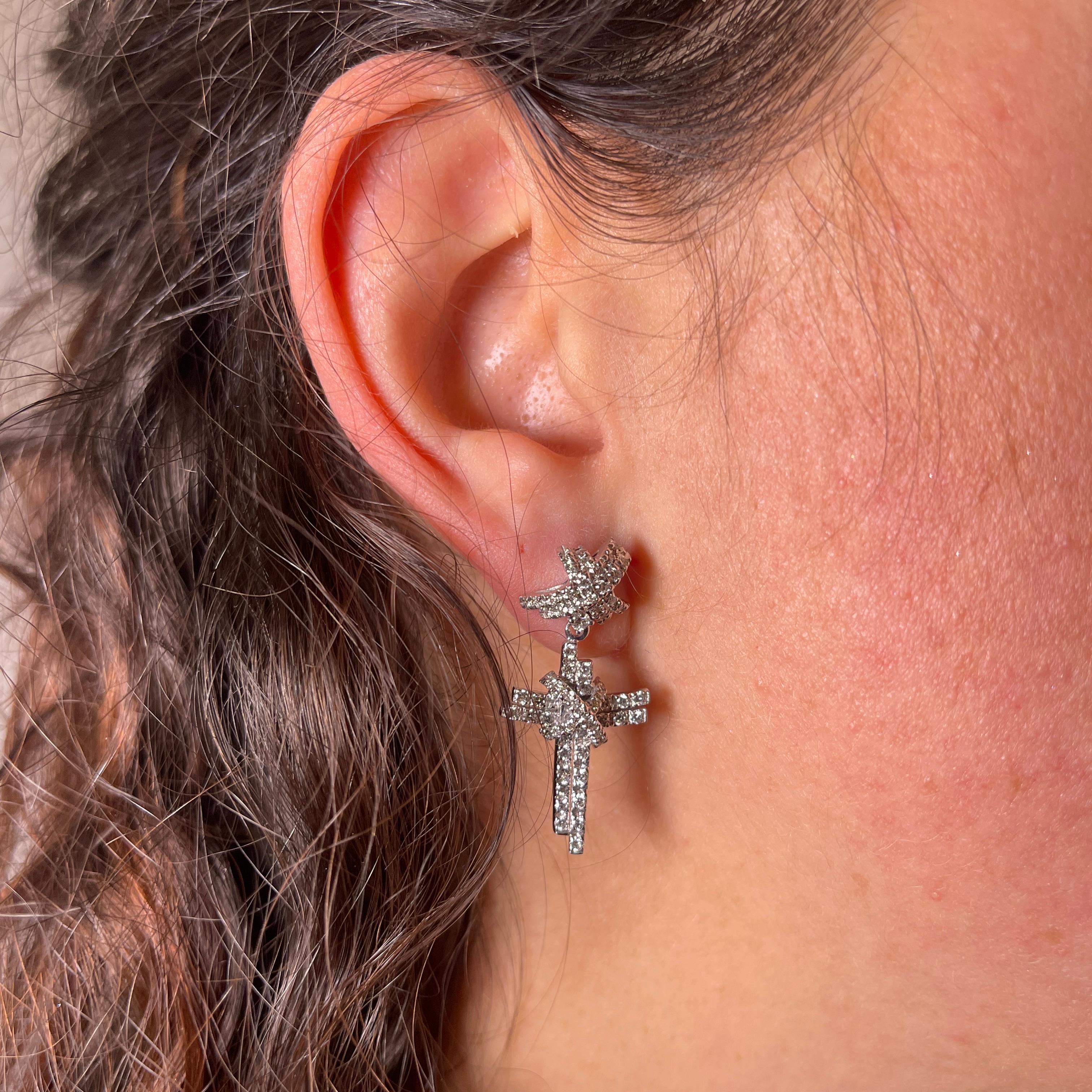Women's or Men's 18K White Gold Cross Drop Earrings with Diamonds For Sale