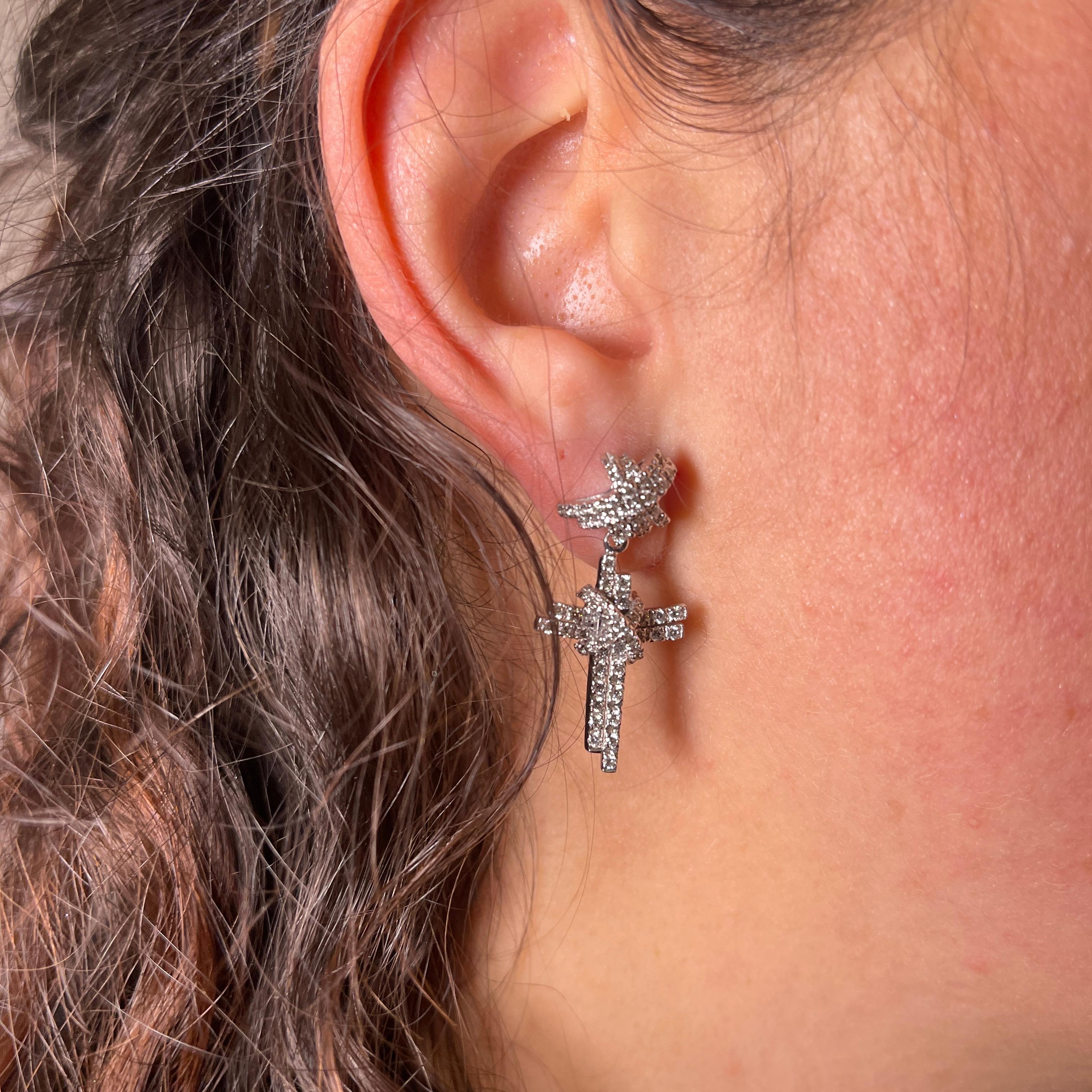 18K White Gold Cross Drop Earrings with Diamonds For Sale 1
