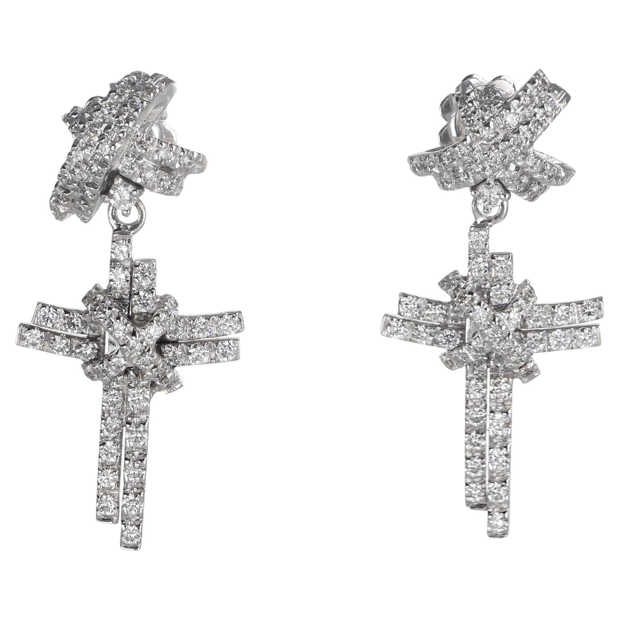18K White Gold Cross Drop Earrings with Diamonds
