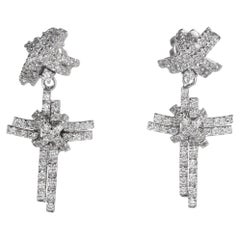 18K White Gold Cross Drop Earrings with Diamonds