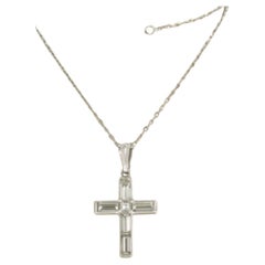 18k White Gold Cross Pendant Necklace with 1.73ct Baguette Diamonds
