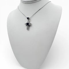 18k White Gold Cross Pendant with Diamonds and Sapphires with 14" Necklace.