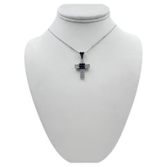 18k White Gold Cross Pendant with Diamonds and Sapphires with 14" Necklace.
