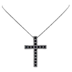 18k White Gold Cross Pendant with Diamonds and Sapphires with 17" Necklace.