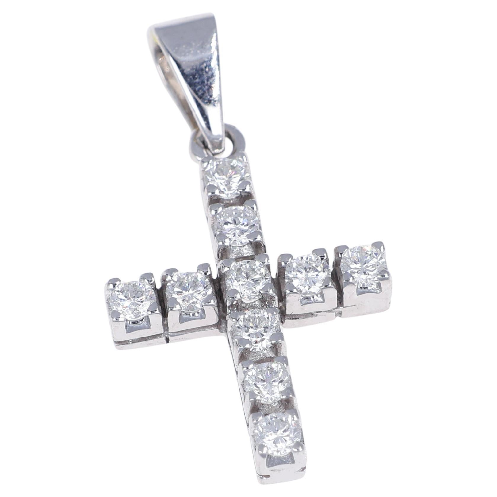 18K White Gold Cross Pendant with Natural White Diamonds