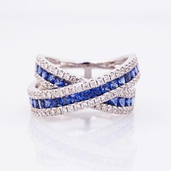 18k White Gold Crossover Ring with Diamonds and Sapphires