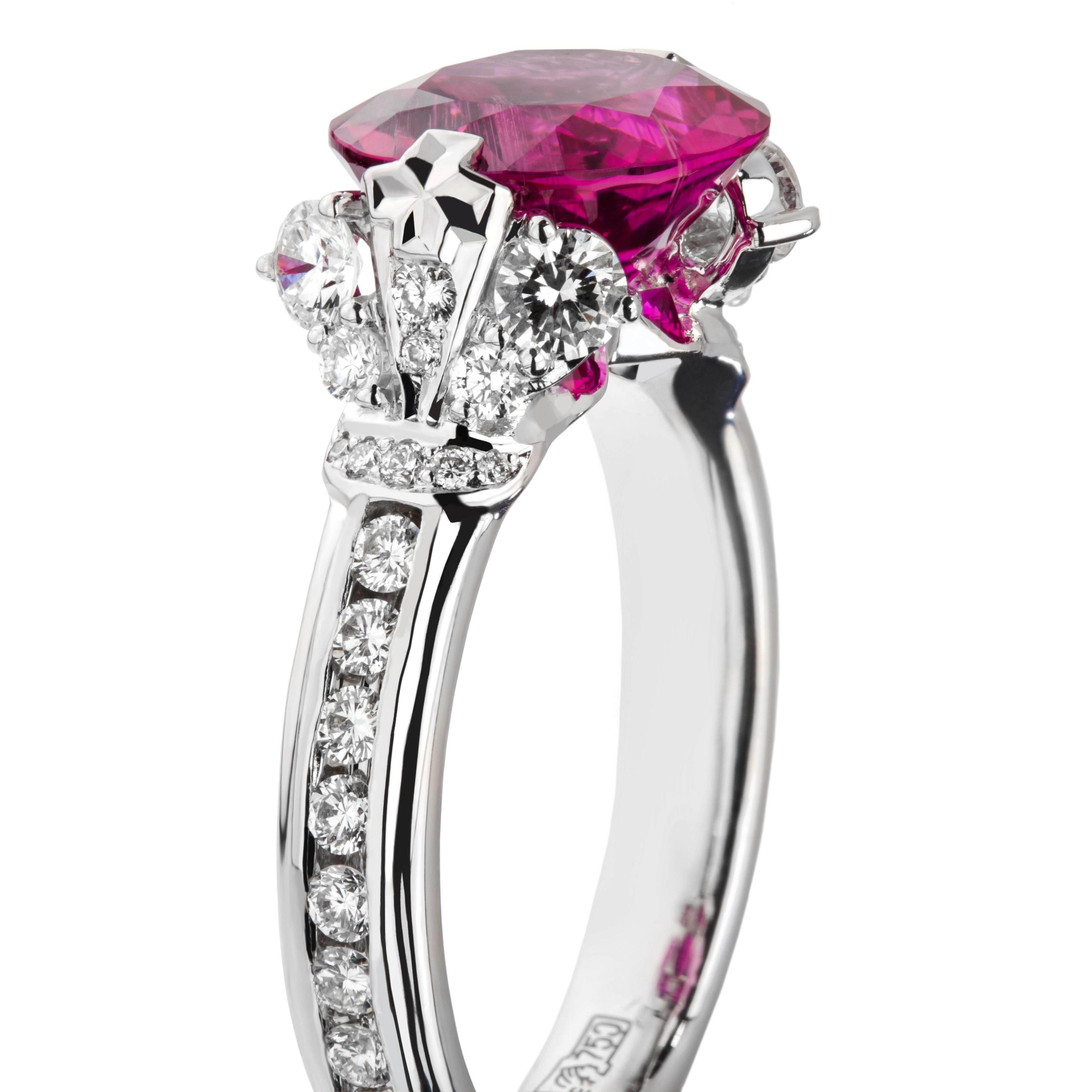 Elegant and classic, the ring made of diamonds and a vivid rubellite tourmaline, is inspired by the splendid period of Russian and Europe. Dedicated for the Imperial greatness, luxury, beauty, and noble aspiration, the crown shaped earrings from