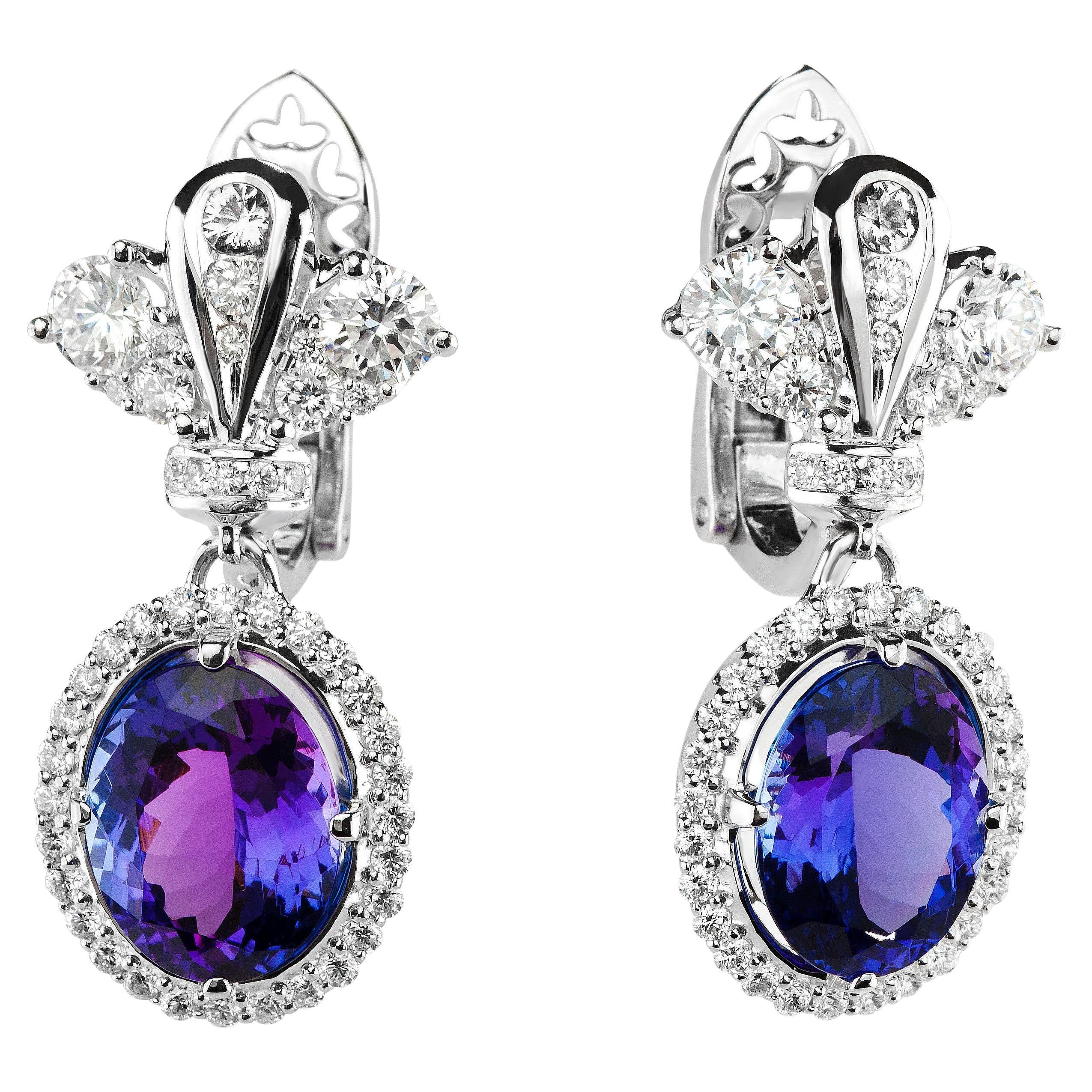 18k White Gold Crown Design Diamond Tanzanite Earrings For Sale