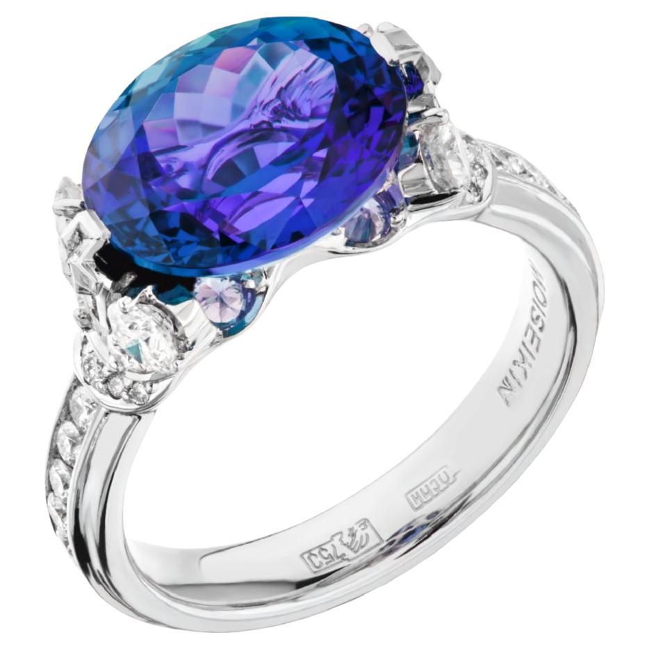 18K White Gold Crown Design Diamond Tanzanite Ring For Sale