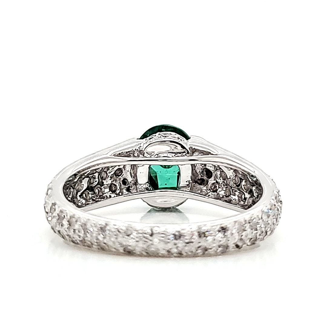 Contemporary 18k White Gold Cts 1.45 Oval Emerald and Diamond Engagement Ring For Sale