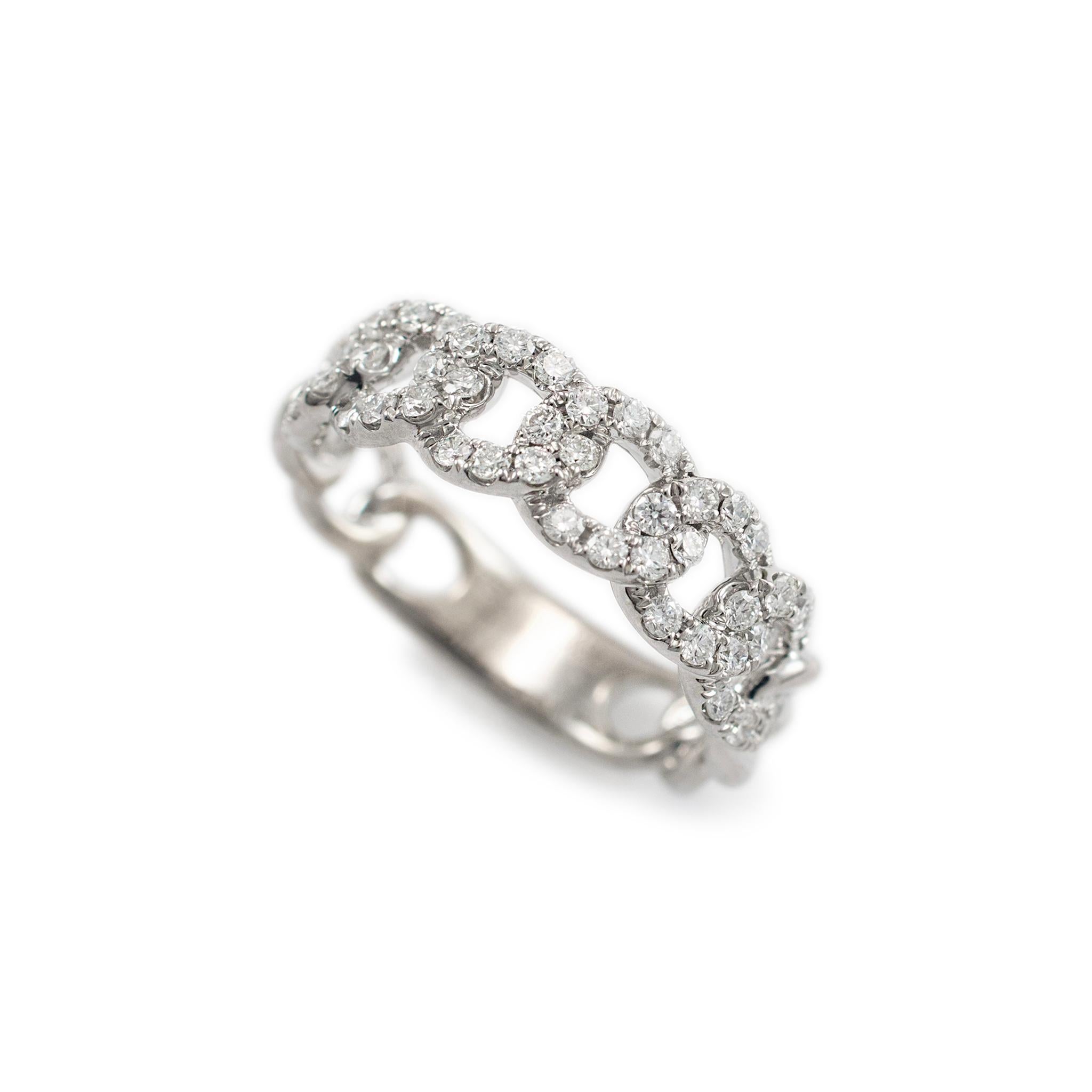 Gender: Unisex

Metal Type: 18K White Gold

Size: 6.5

Width: 6.25 mm

Weight: 4.93 Grams

18K white gold diamond band with a half-round shank. The metal was tested and determined to be 18K white gold. Engraved with 