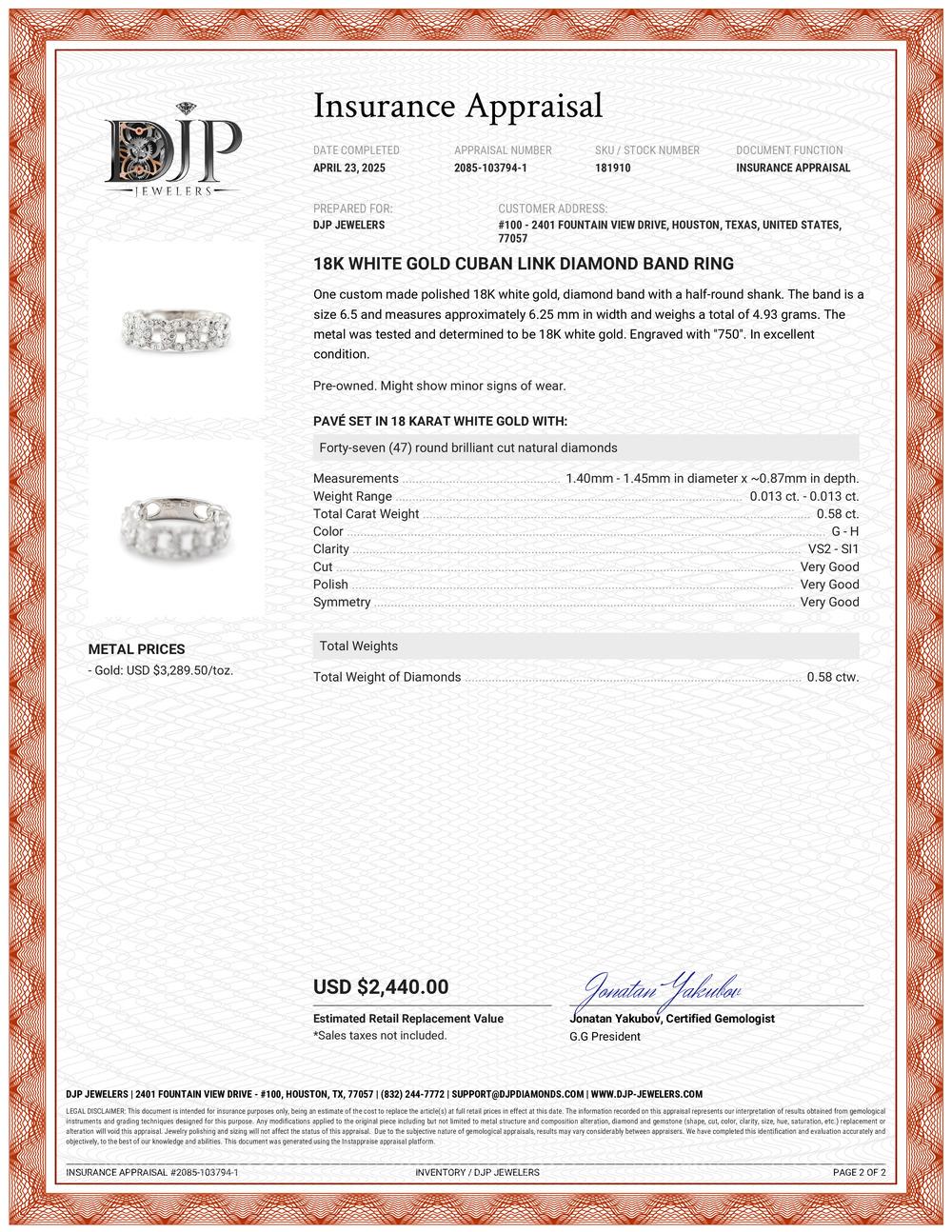 18K White Gold Cuban Link Diamond Band Ring For Sale 3