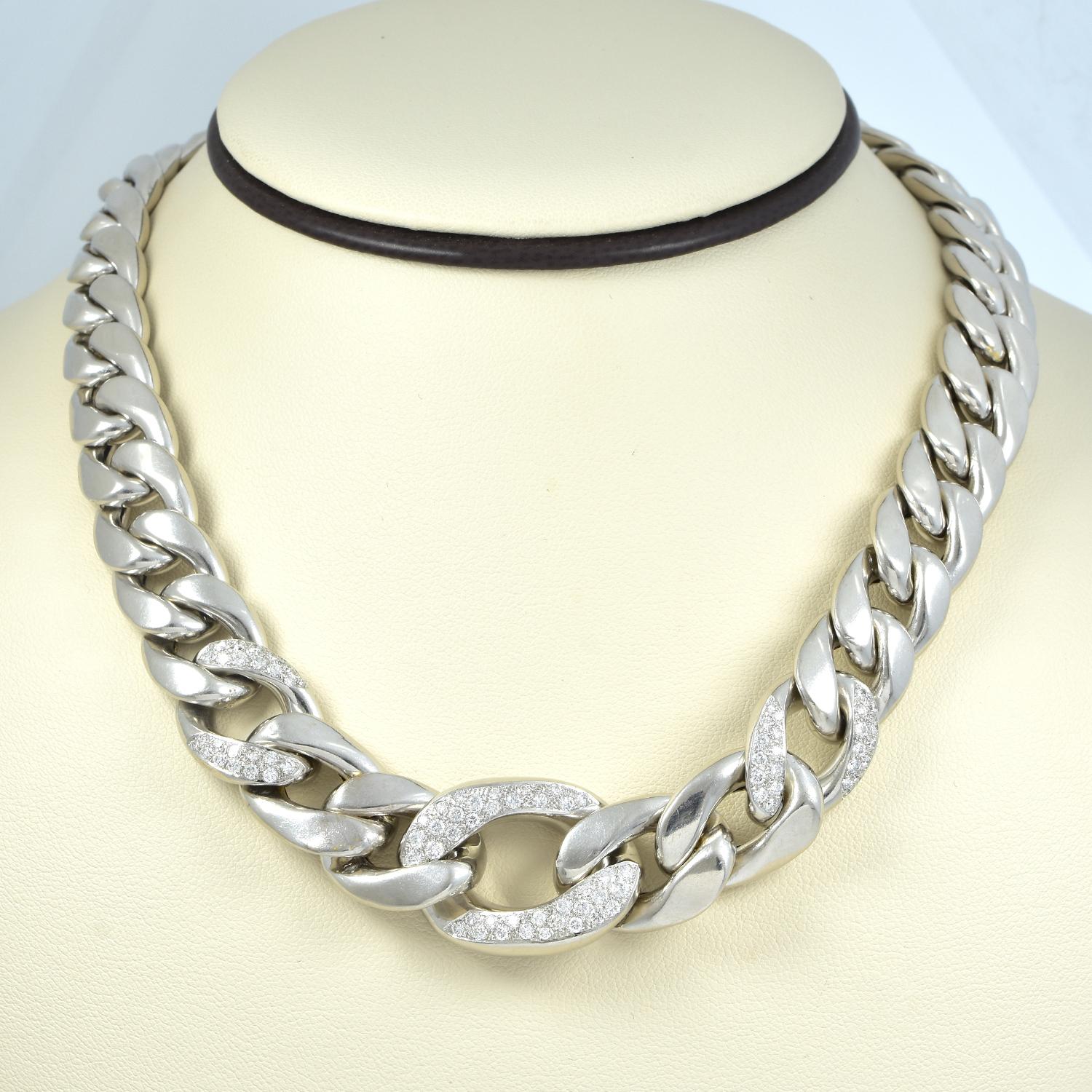 18 Karat White Gold Cuban Link with Diamonds Necklace In Excellent Condition In Miami, FL
