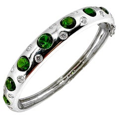 Vintage 18k White Gold Cuff Bracelet with Bright Green Tsavorite Garnets and Diamonds