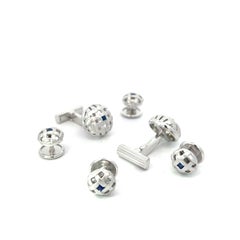 18k White Gold Cufflinks and Studs Set Blue Sapphire Square