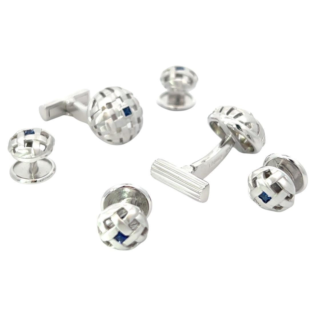 18k White Gold Cufflinks and Studs Set Blue Sapphire Square