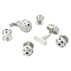 18k White Gold Cufflinks and Studs Set Blue Sapphire Square