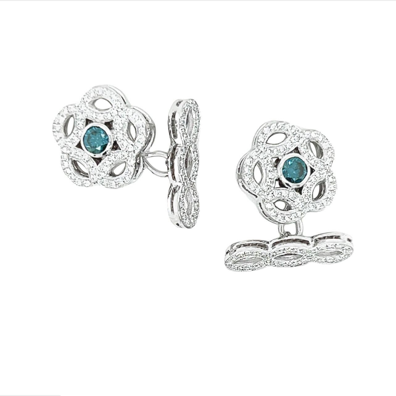 Boutons de manchette en or blanc 18 carats avec diamants bleus et blancs