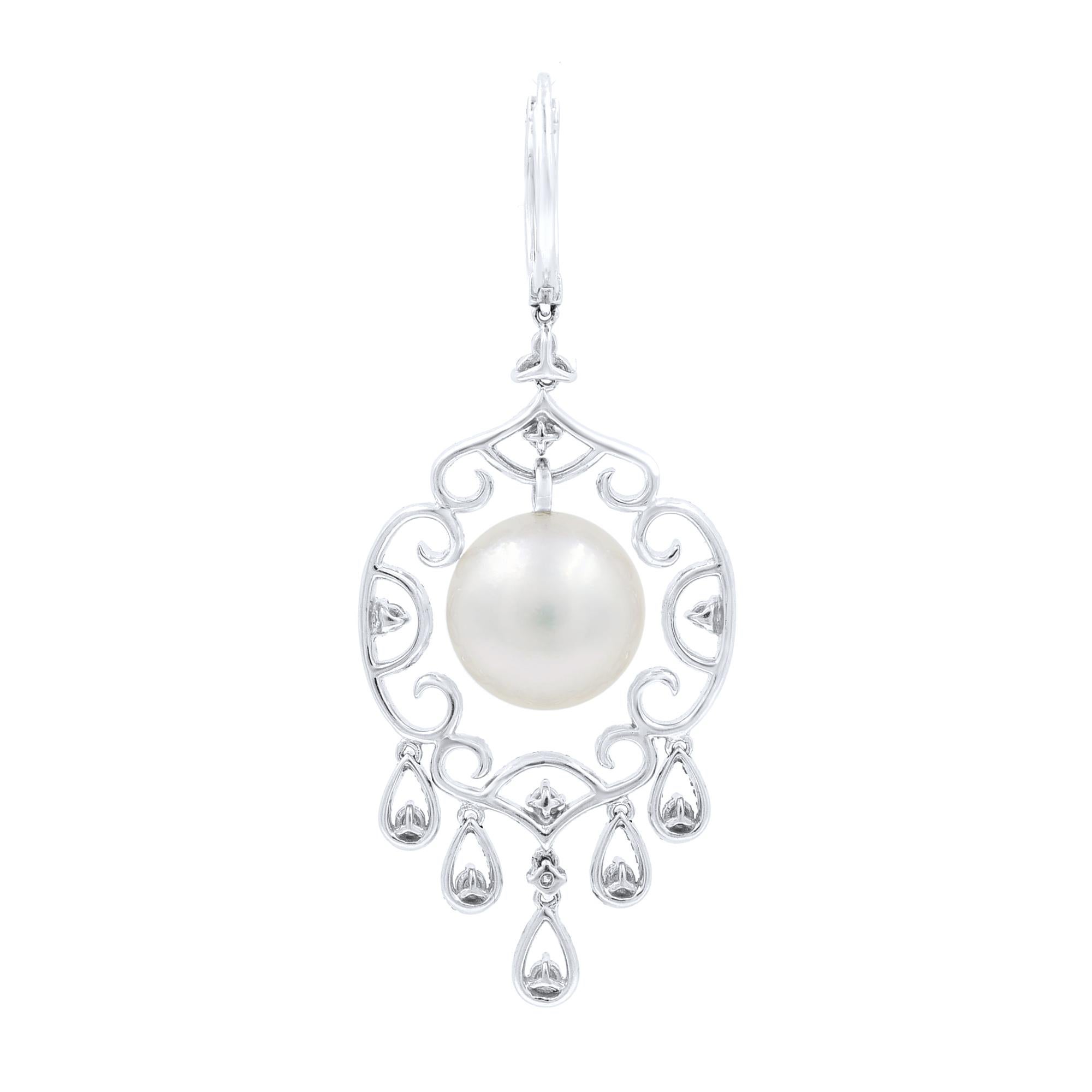 Modern 18 Karat White Gold Cultured Pearl and Diamond Dangle Earrings