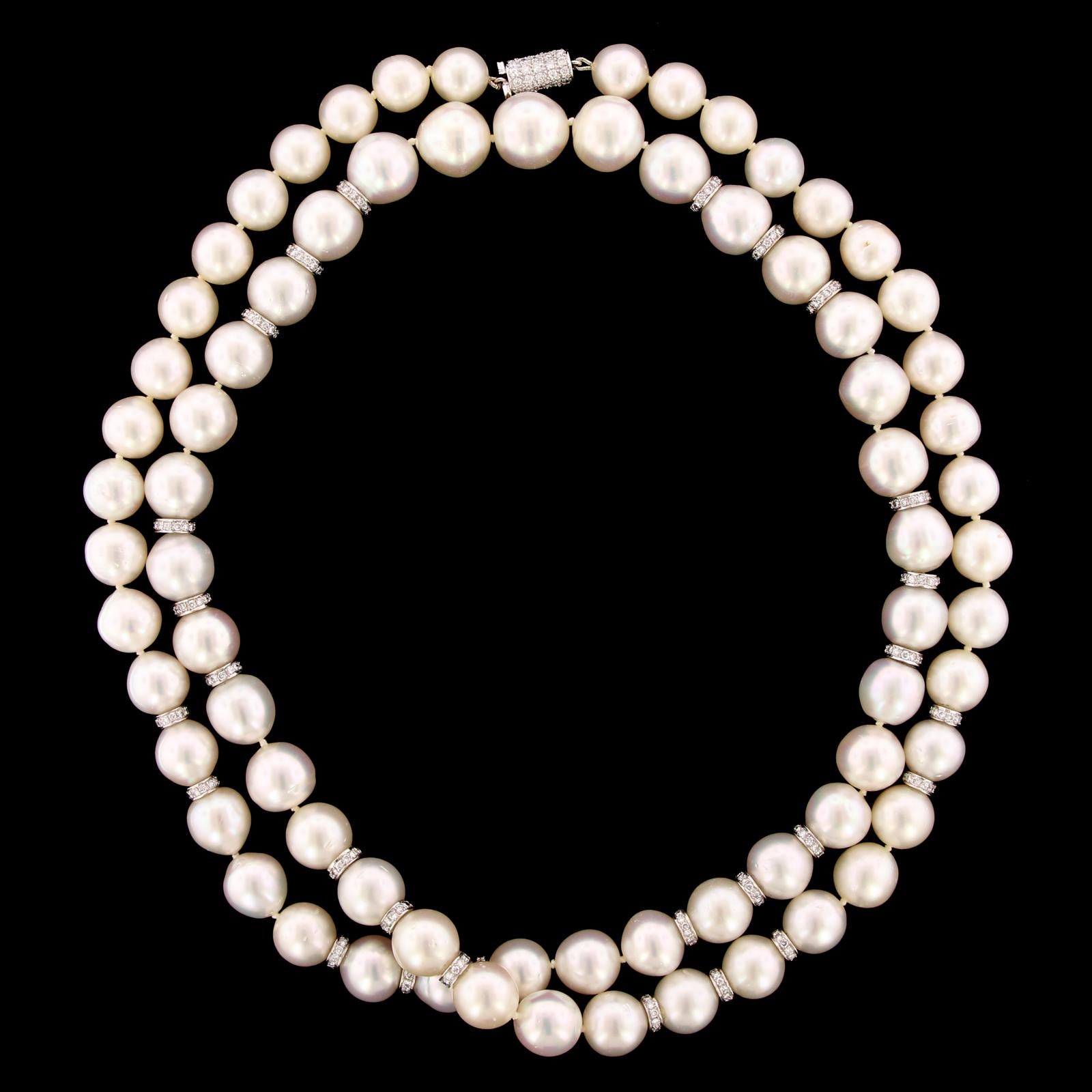 Contemporary 18 Karat White Gold Cultured South Sea Pearl and Diamond Necklace GIA Report For Sale