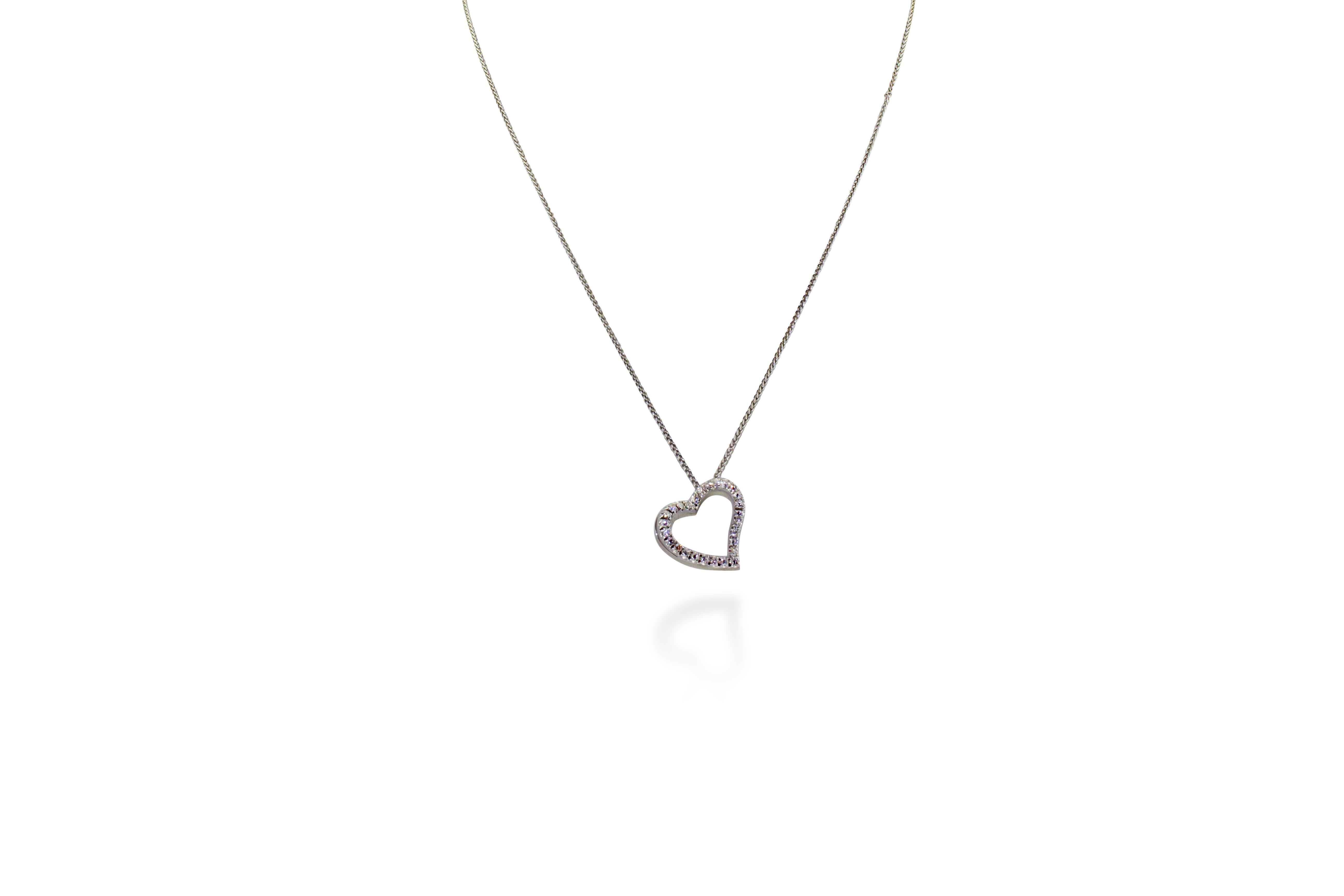 Round Cut 18 Karat White Gold Curved Heart Diamonds Pendant Necklace For Sale