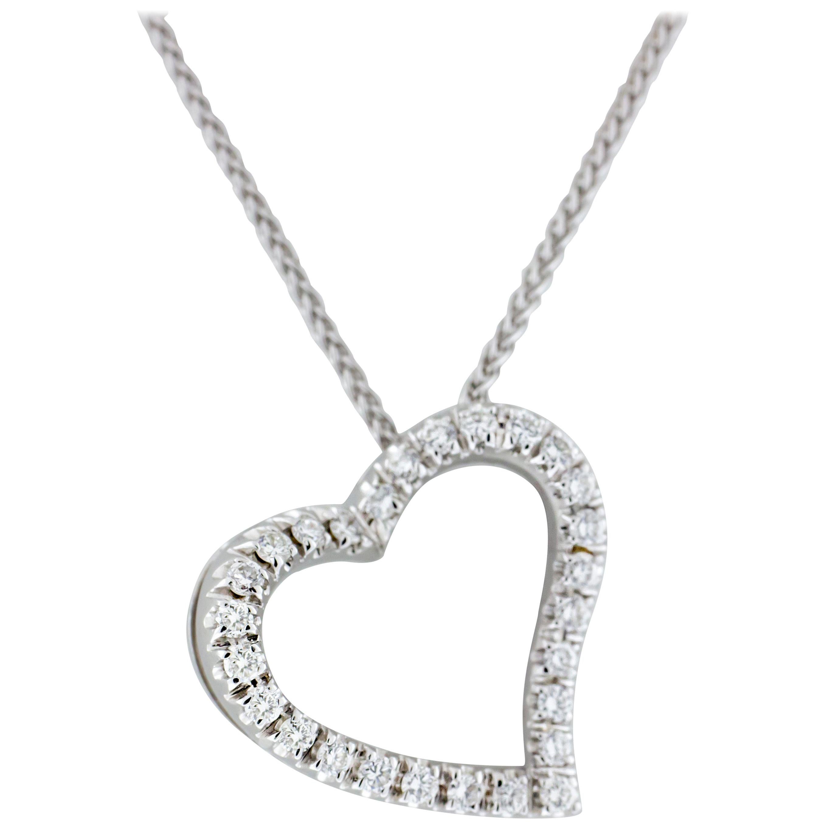 18 Karat White Gold Curved Heart Diamonds Pendant Necklace For Sale