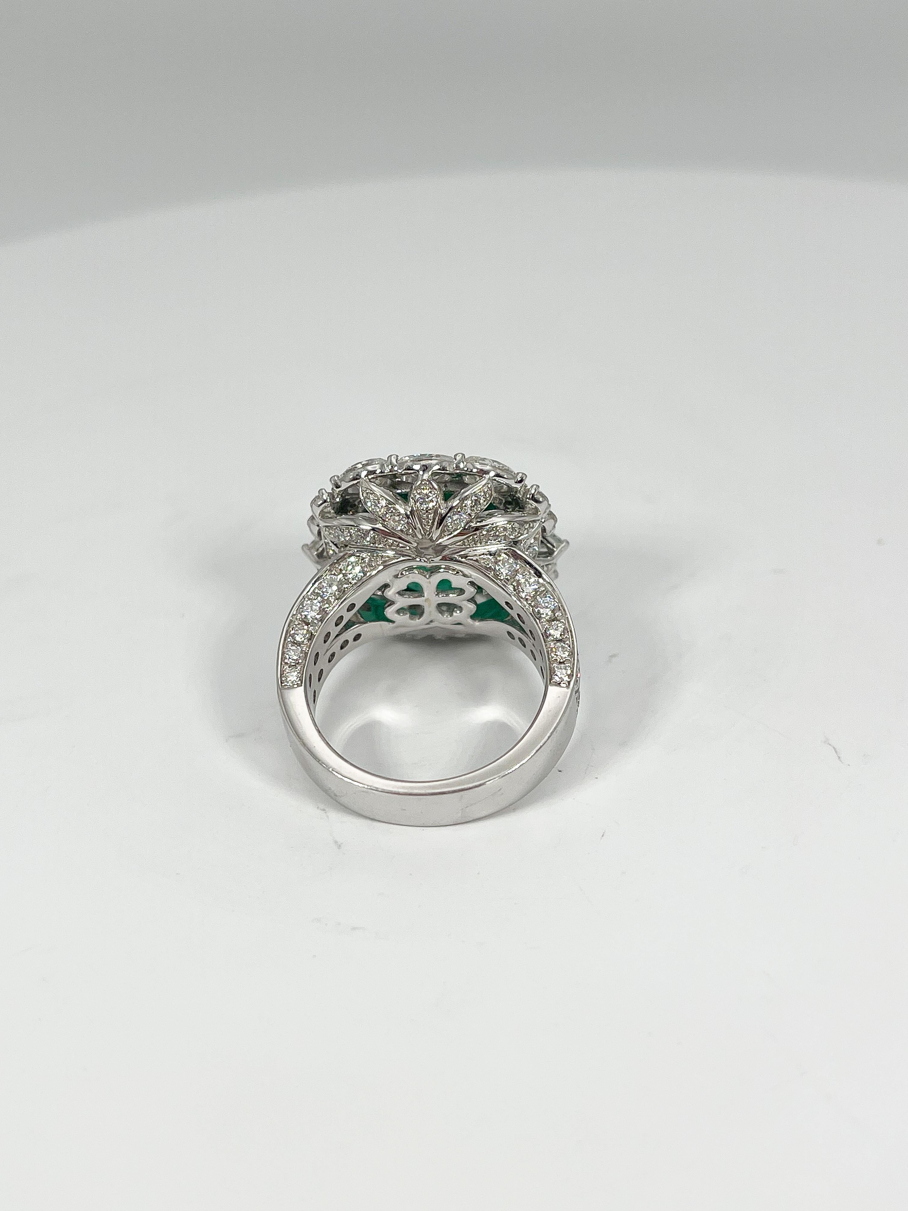 Women's 18K White Gold Cushion Brilliant Cut 9.08 CT Emerald and 5.36 CTW Diamond Ring For Sale