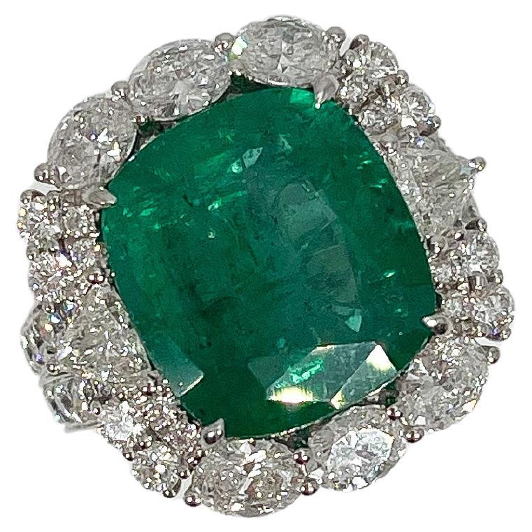 18K White Gold Cushion Brilliant Cut 9.08 CT Emerald and 5.36 CTW Diamond Ring For Sale
