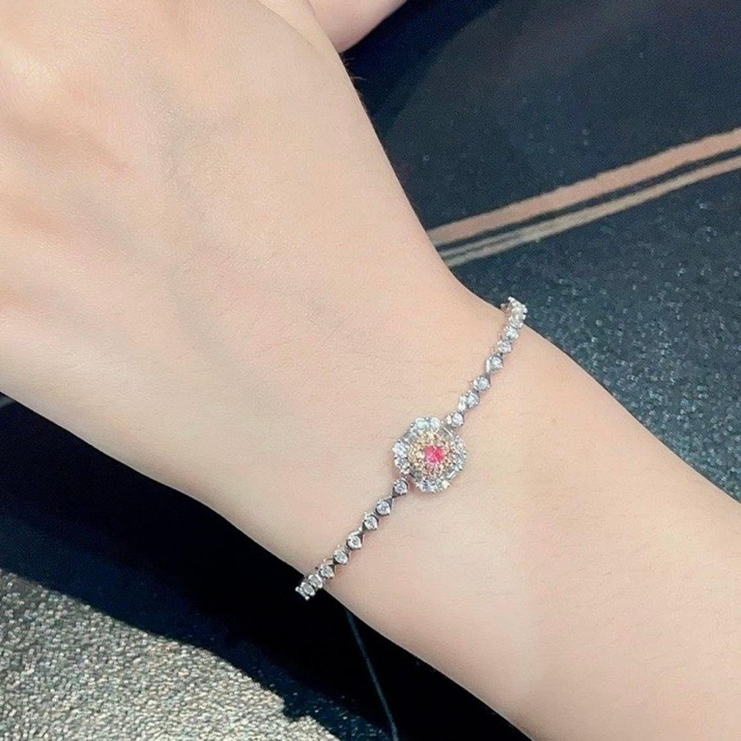 Women's or Men's 18K White Gold Cushion-Cut Fancy Pink Diamond Bracelet with Diamonds For Sale
