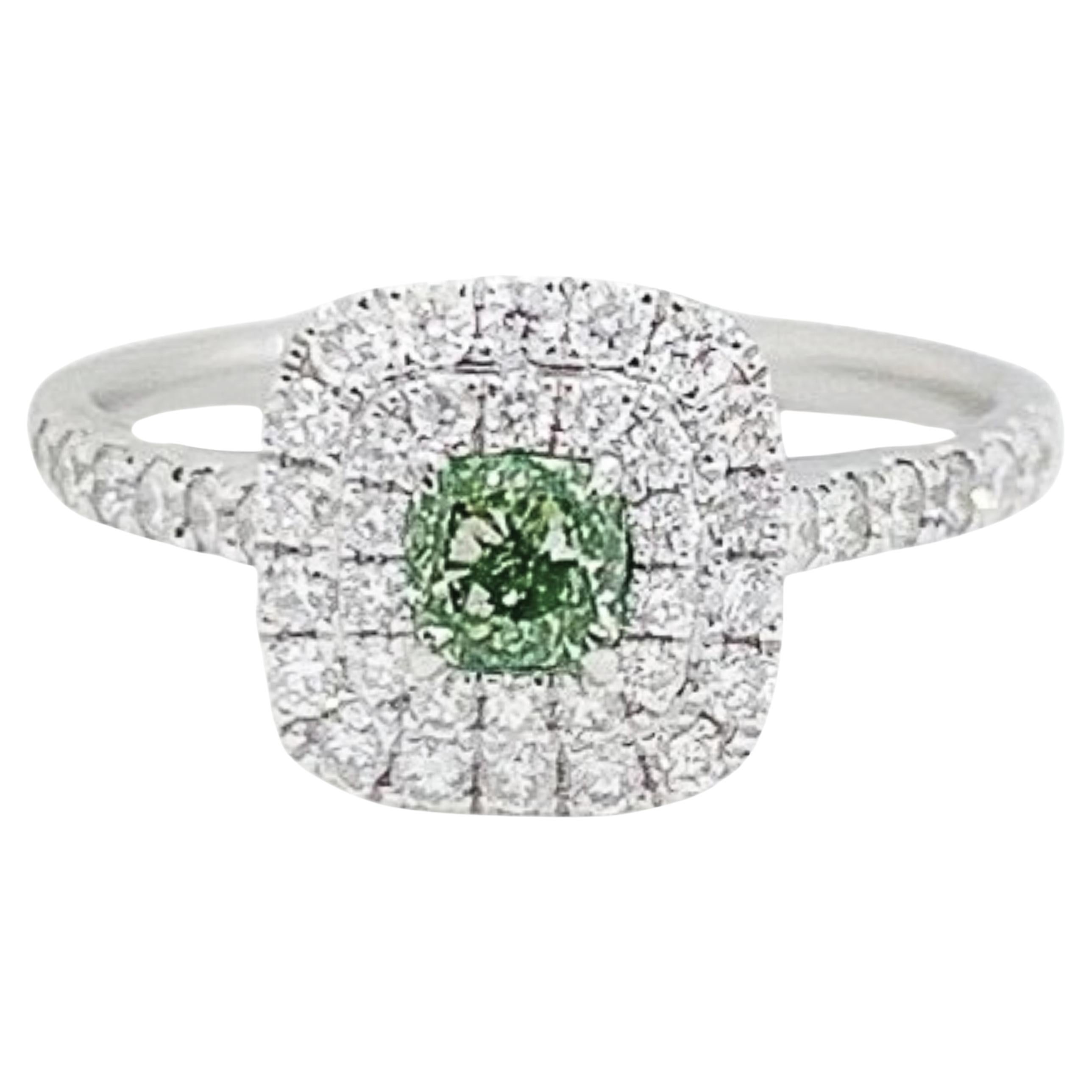 18K White Gold Cushion-Cut Green Diamond Ring