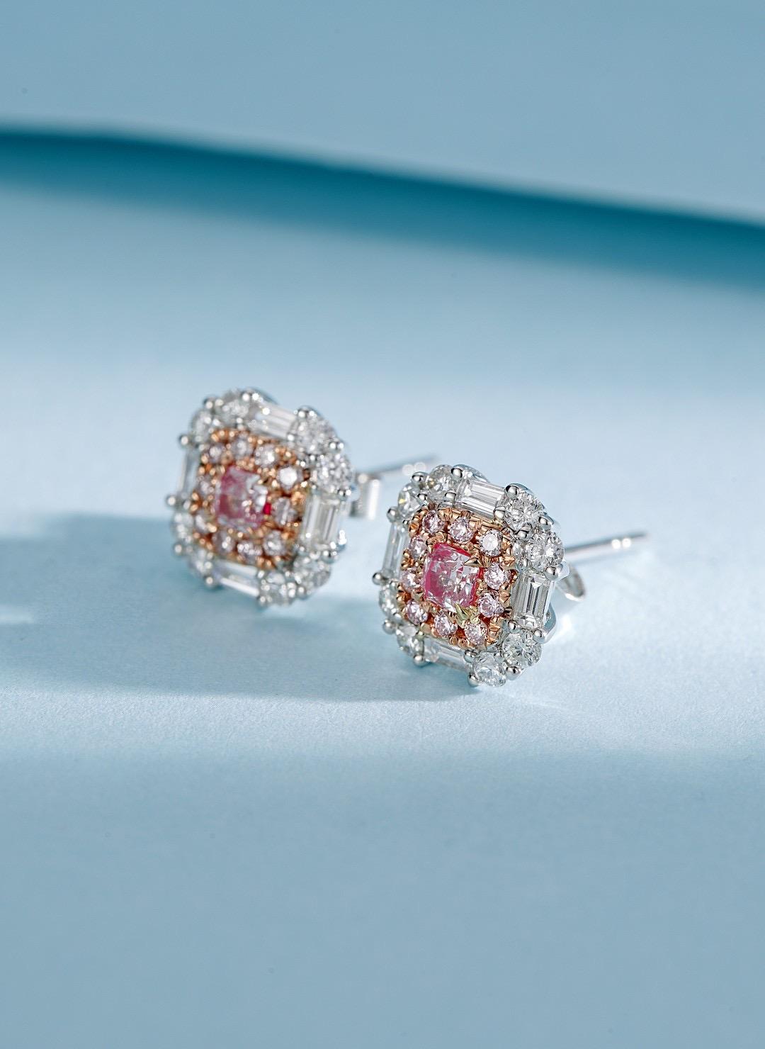 Modern 18K White Gold Cushion-Cut Pink Diamond & Baguette Diamond Earrings For Sale