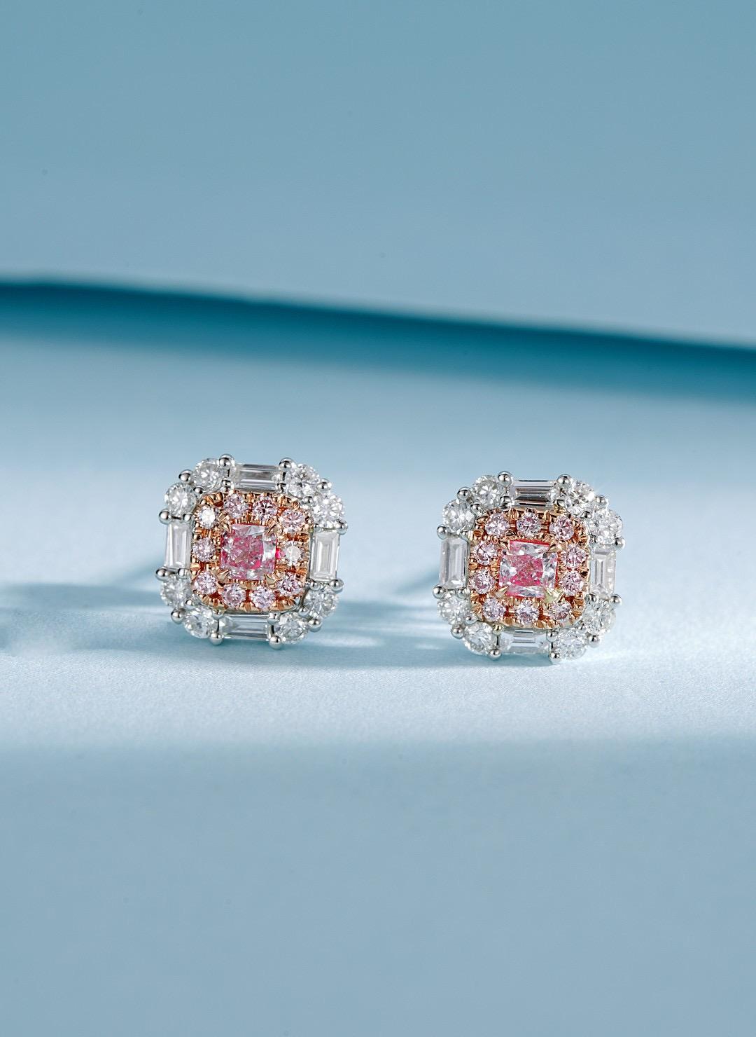 Cushion Cut 18K White Gold Cushion-Cut Pink Diamond & Baguette Diamond Earrings For Sale