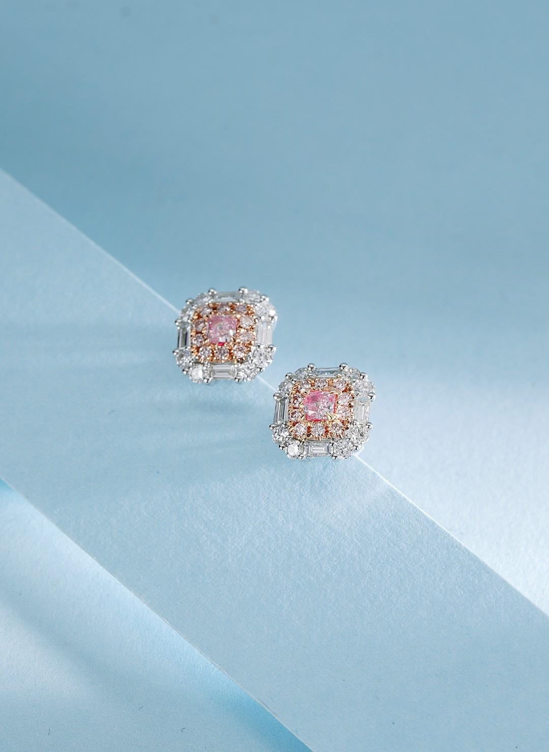 Women's or Men's 18K White Gold Cushion-Cut Pink Diamond & Baguette Diamond Earrings For Sale