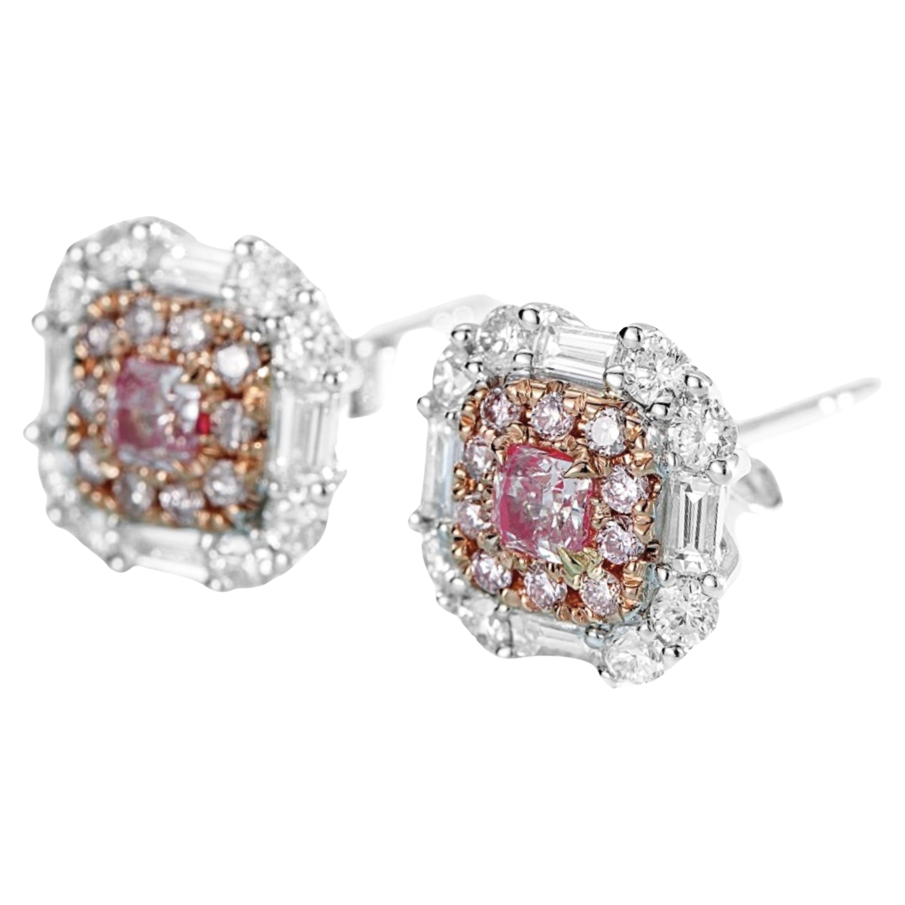 18K White Gold Cushion-Cut Pink Diamond & Baguette Diamond Earrings