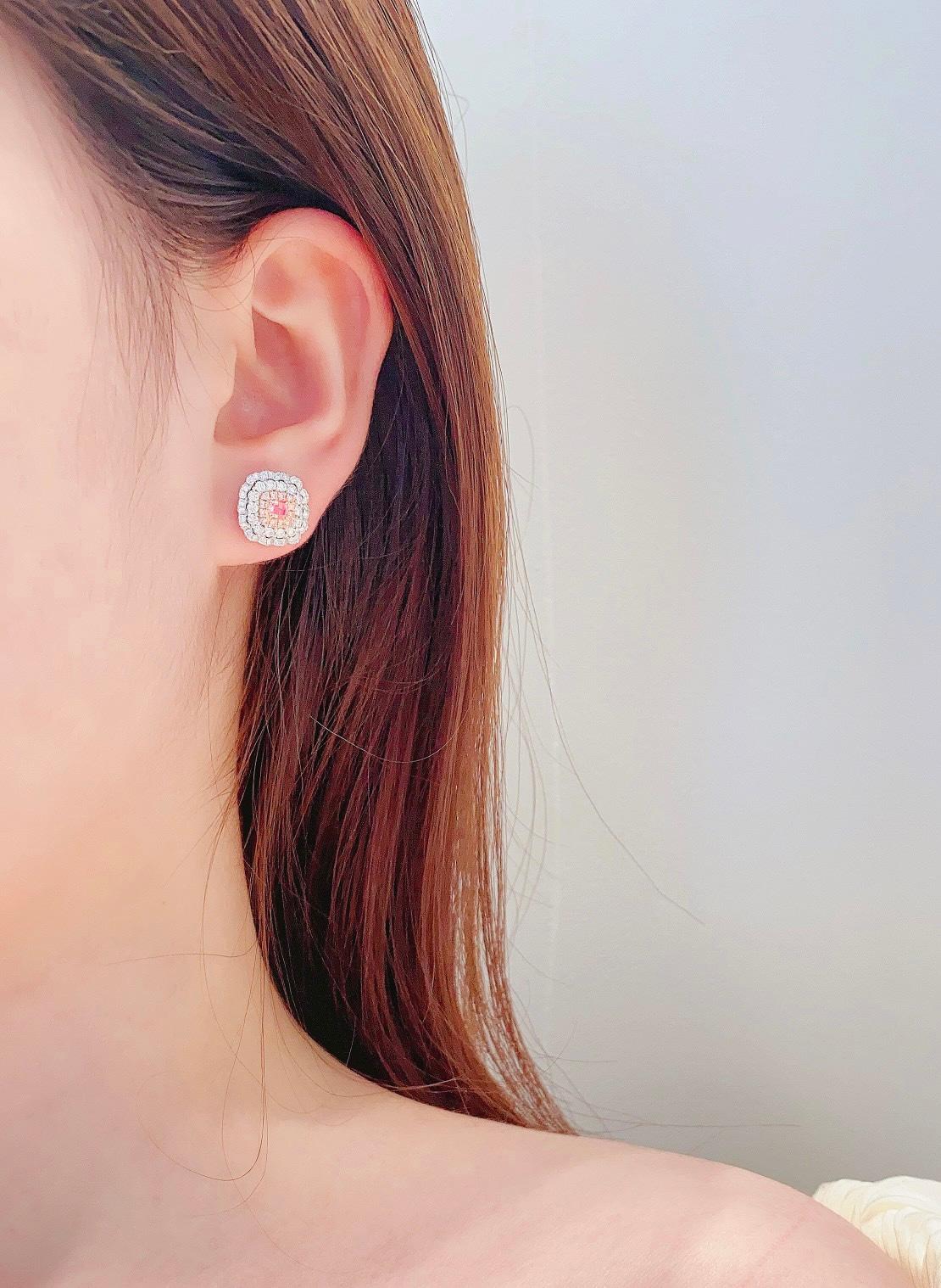 Modern 18K White Gold Cushion-Cut Pink Diamond & Diamond Stud Earrings For Sale
