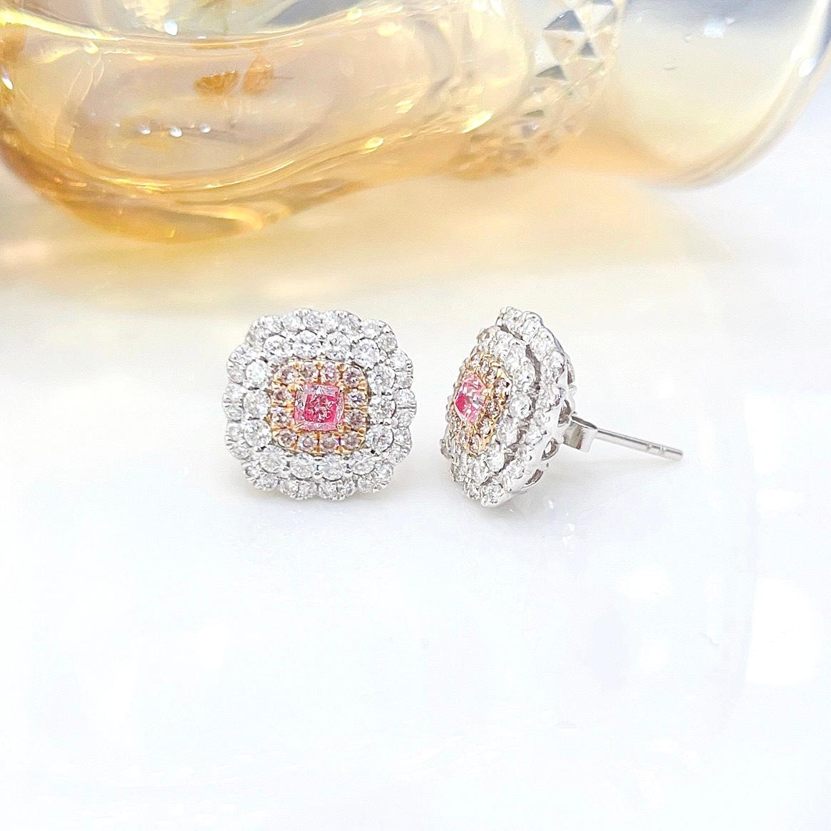 Cushion Cut 18K White Gold Cushion-Cut Pink Diamond & Diamond Stud Earrings For Sale