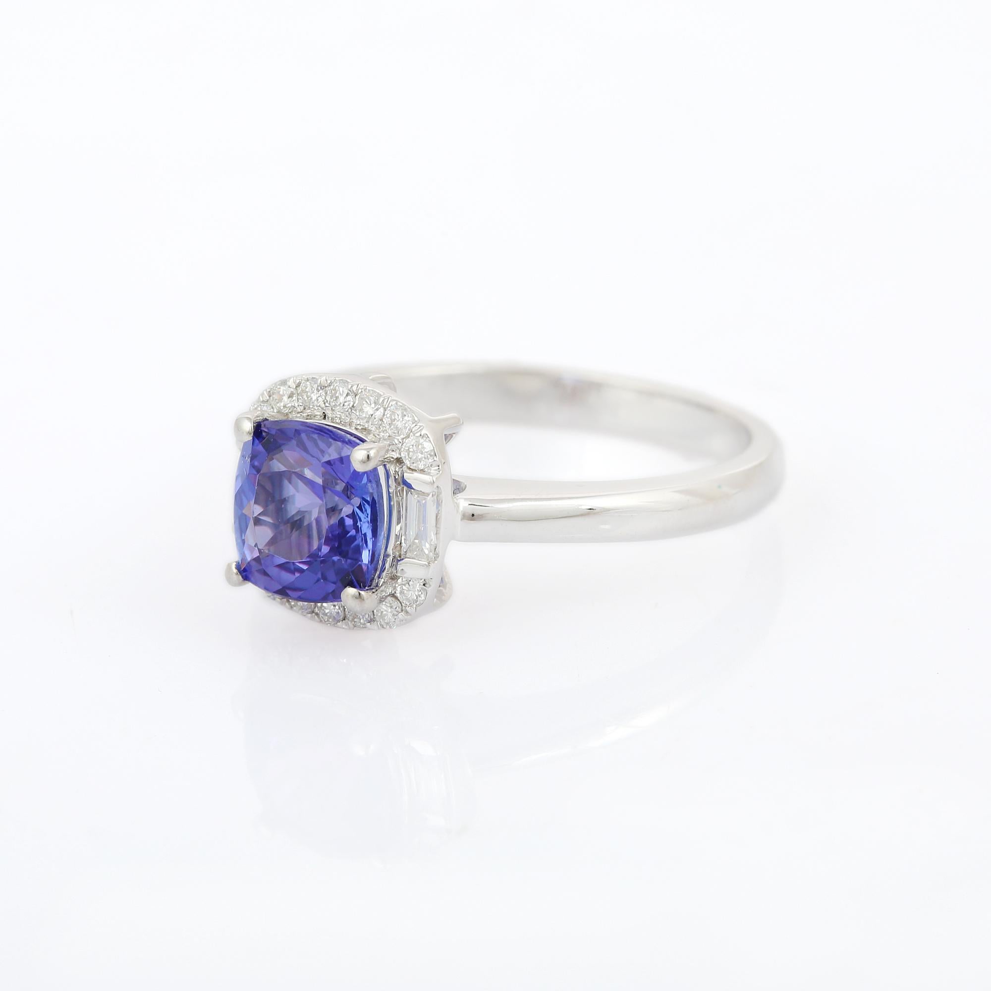 For Sale:  18k Solid White Gold Cushion Cut Tanzanite and Diamond Ring 2