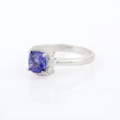 18k Solid White Gold Cushion Cut Tanzanite and Diamond Ring