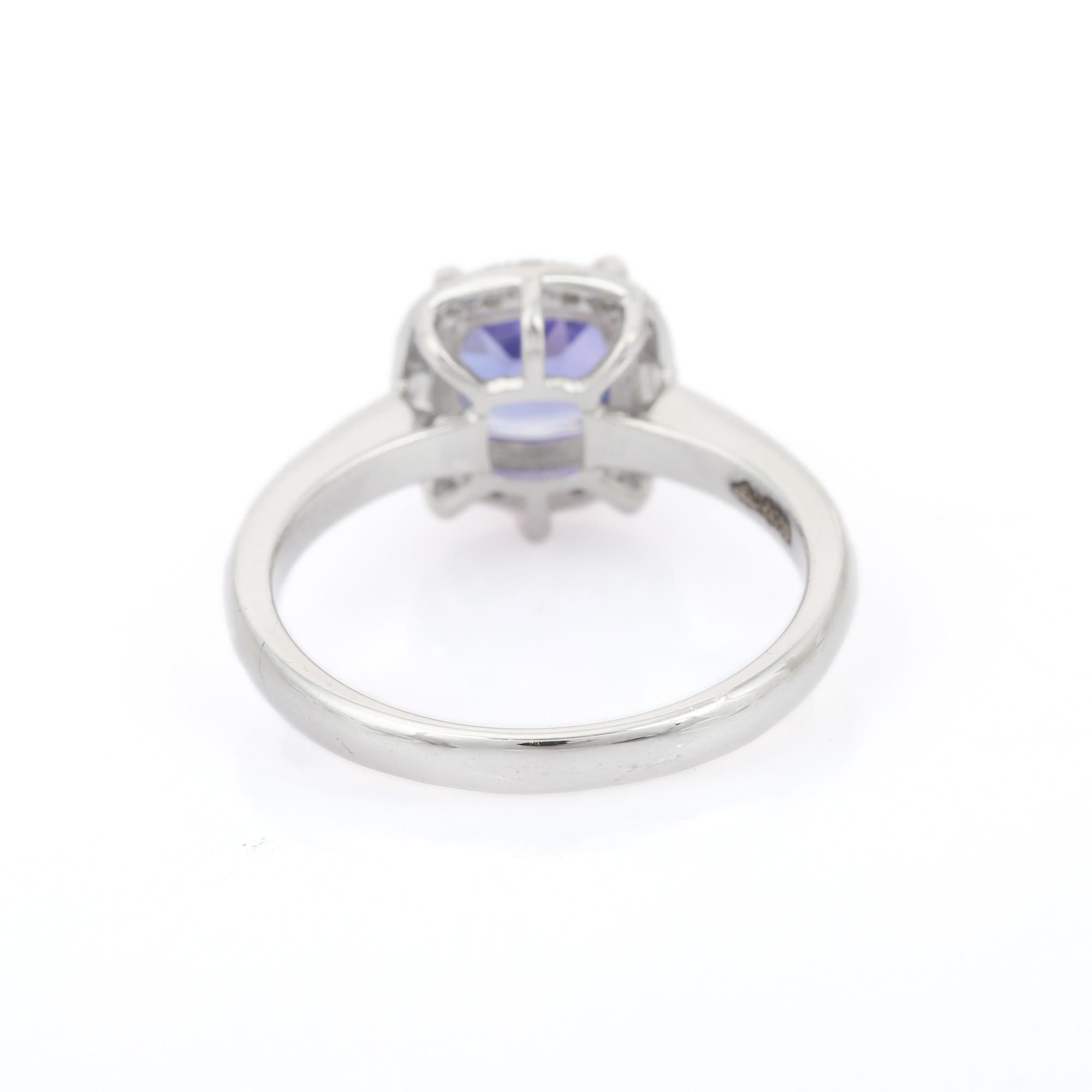 For Sale:  18k Solid White Gold Cushion Cut Tanzanite and Diamond Ring 4