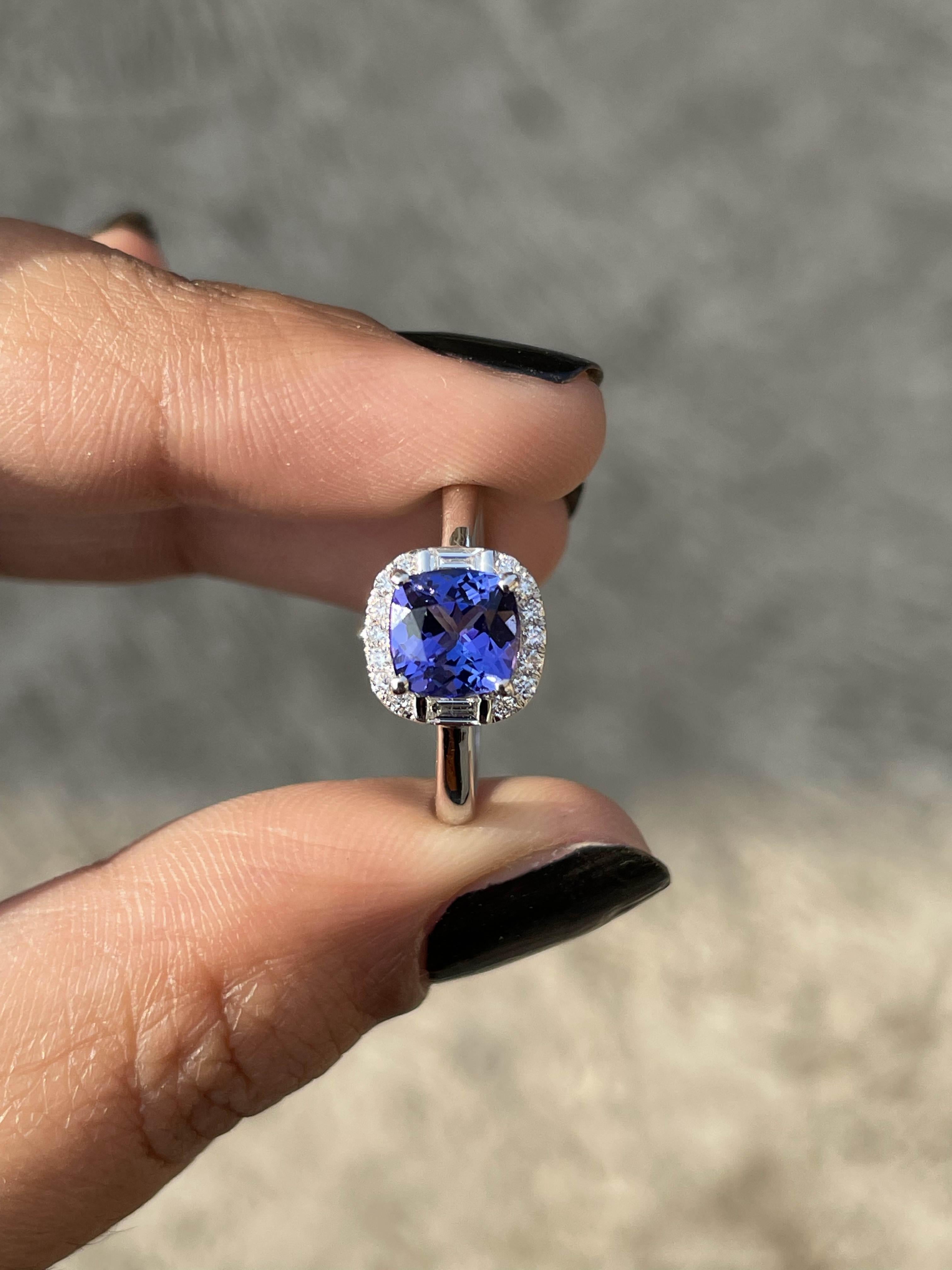 For Sale:  18k Solid White Gold Cushion Cut Tanzanite and Diamond Ring 6