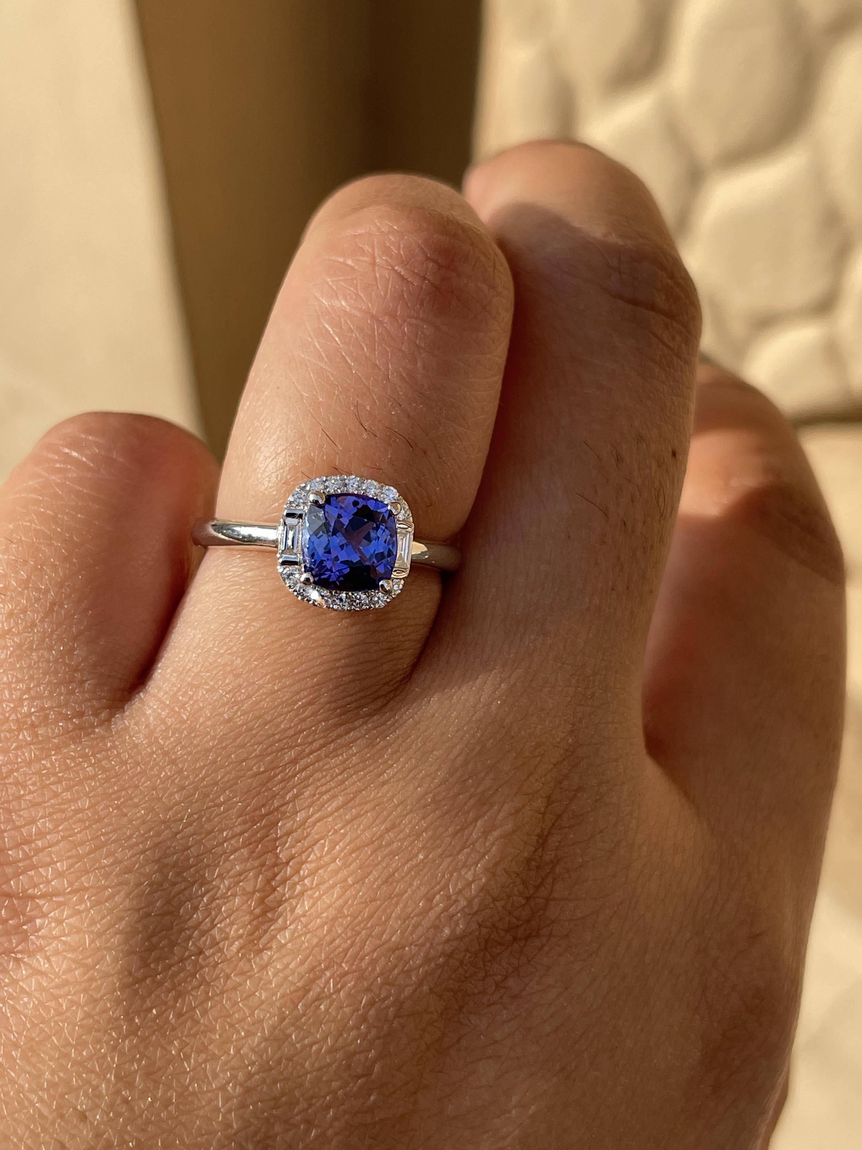 For Sale:  18k Solid White Gold Cushion Cut Tanzanite and Diamond Ring 7