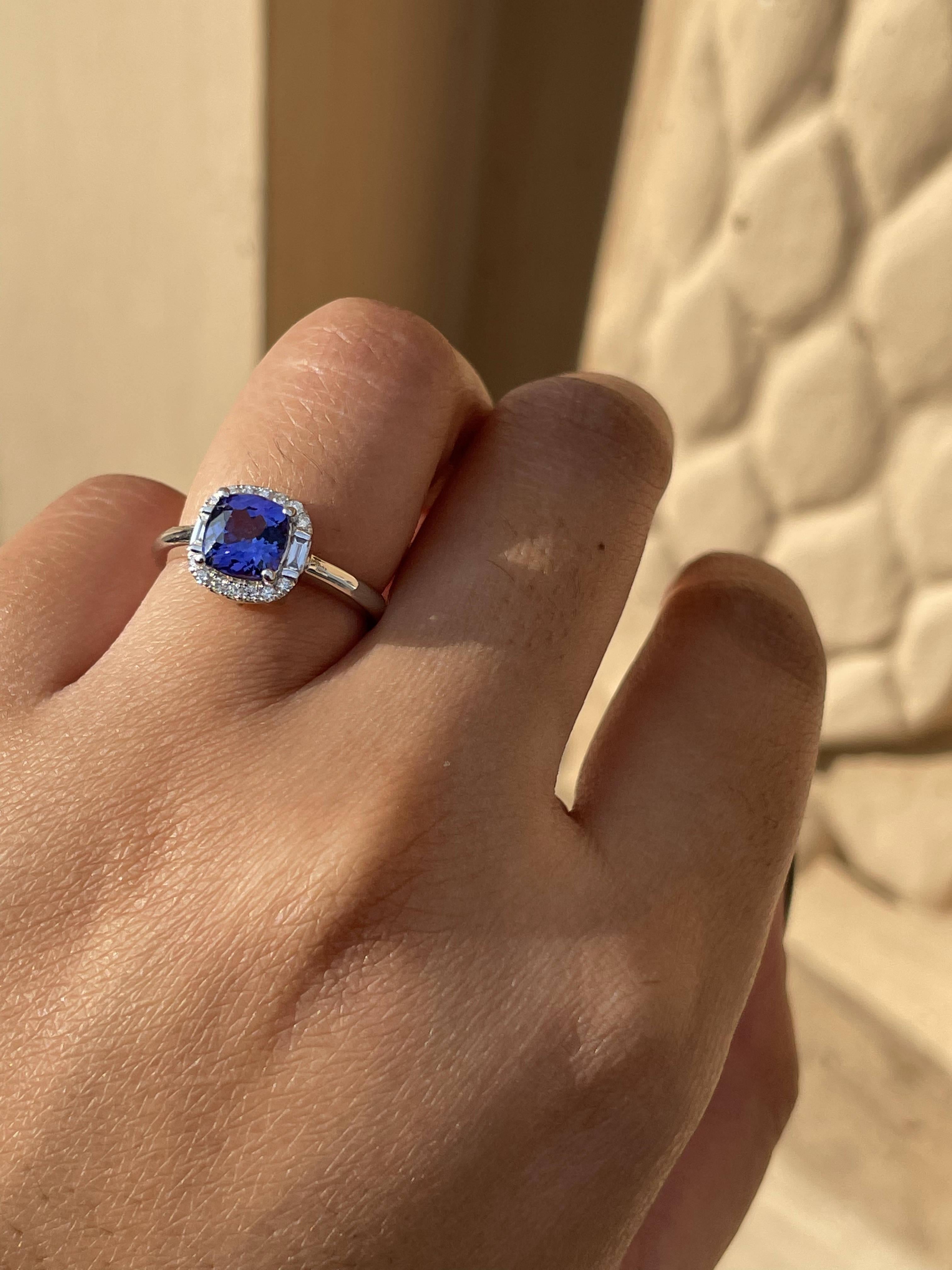 For Sale:  18k Solid White Gold Cushion Cut Tanzanite and Diamond Ring 8