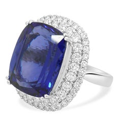 18K White Gold Cushion Cut Tanzanite and Round Diamond Double Halo Ring