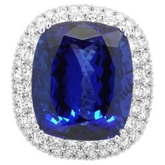 18K White Gold Cushion Cut Tanzanite and Round Diamond Double Halo Ring